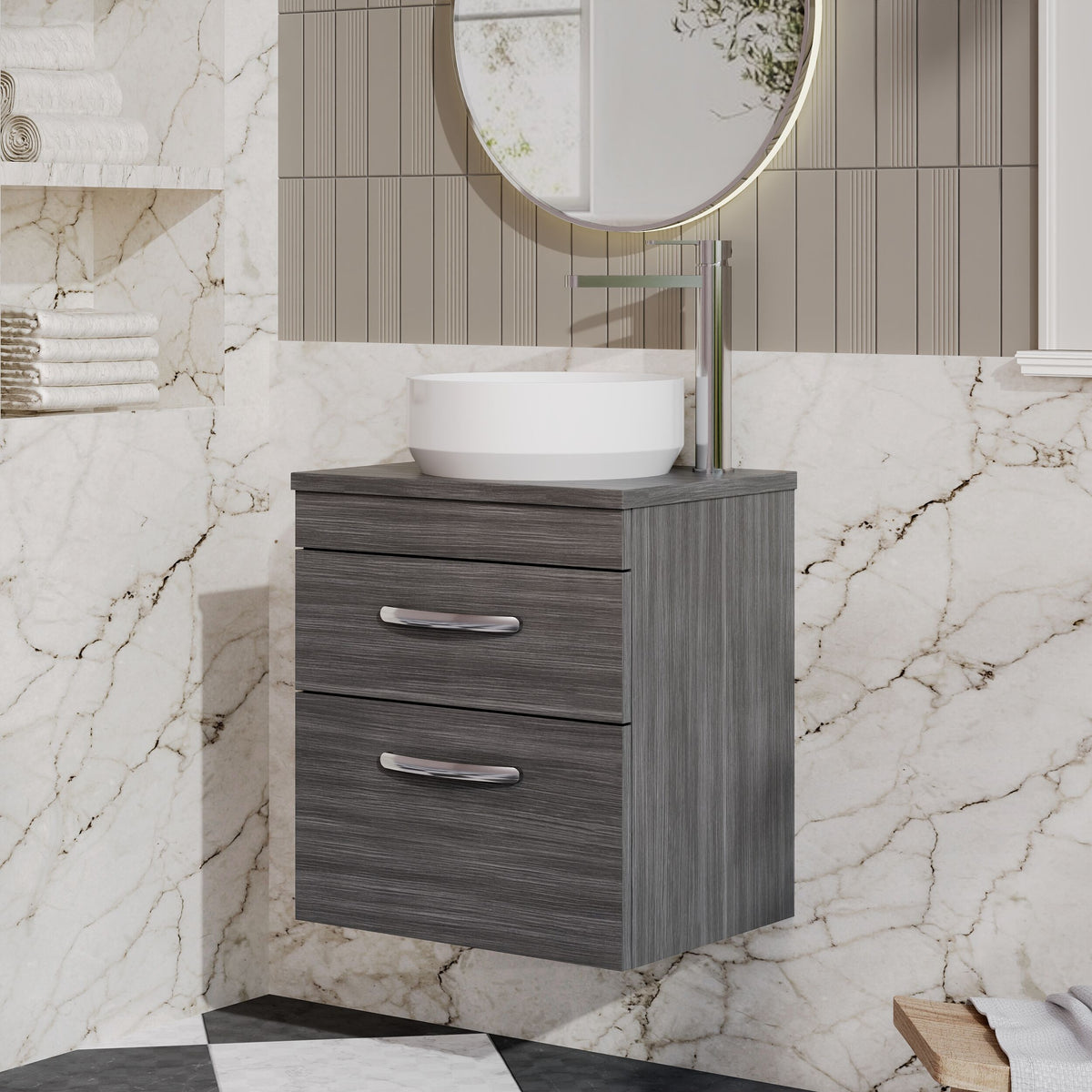 Modern Splash 500mm 2 Drawer Wall Hung Anthracite Woodgrain Vanity Unit With Co-ordinating Worktop