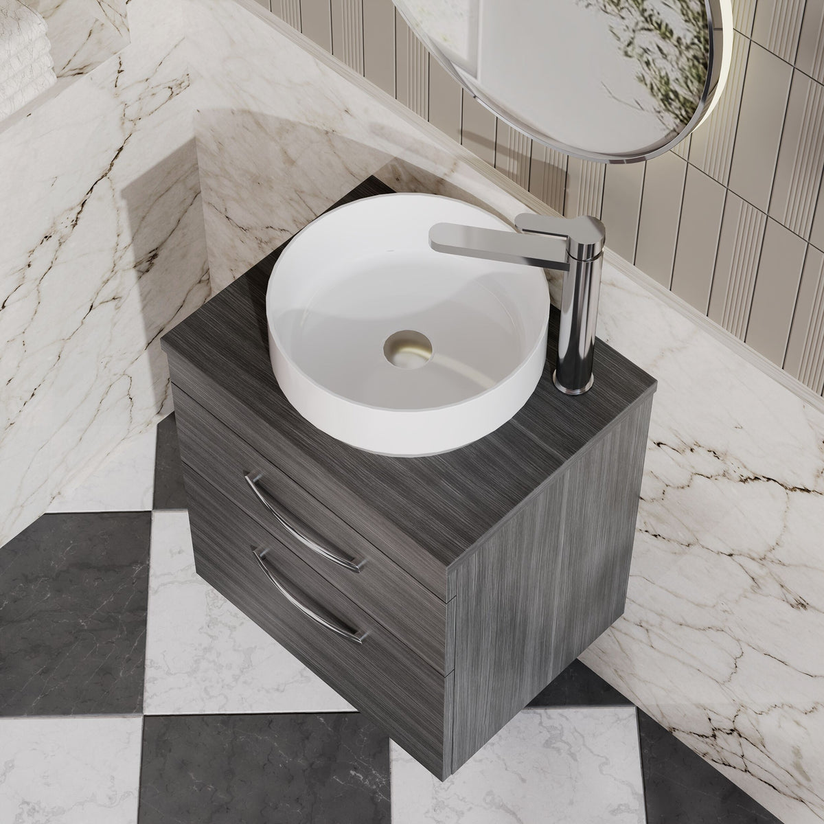 Modern Splash 500mm 2 Drawer Wall Hung Anthracite Woodgrain Vanity Unit With Co-ordinating Worktop