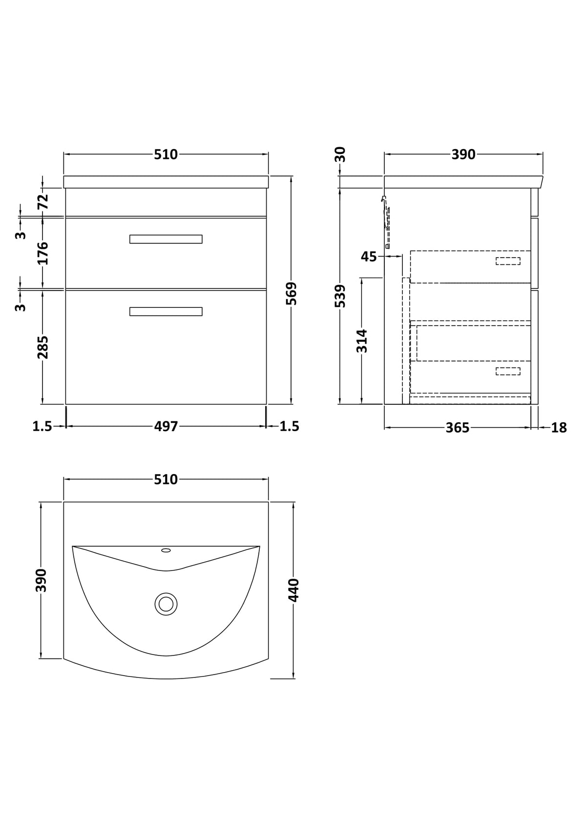 Modern Splash 500mm Charcoal Black 2 Drawer Wall Hung Vanity Unit With Curved Basin