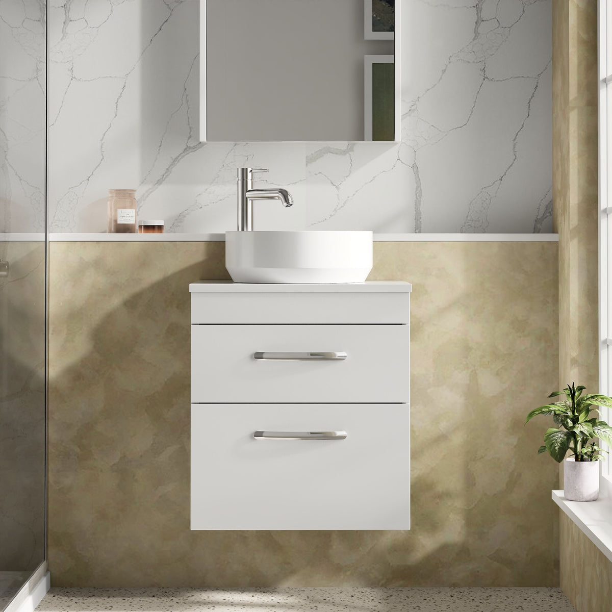 Modern Splash 500mm Gloss White 2 Drawer Wall Hung Vanity Unit With Co-ordinating Worktop
