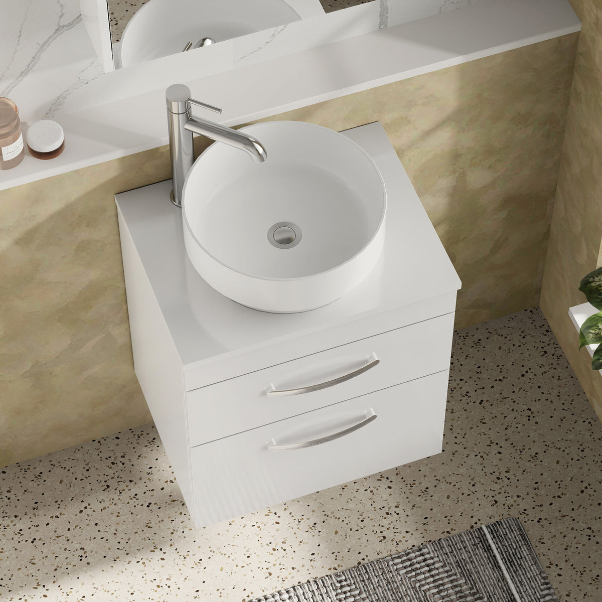 Modern Splash 500mm Gloss White 2 Drawer Wall Hung Vanity Unit With Co-ordinating Worktop