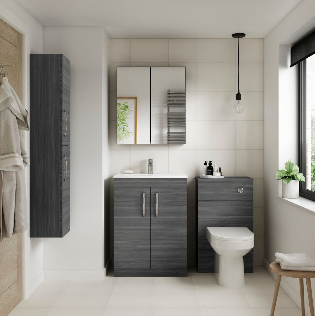 Modern Splash 600mm Anthracite Woodgrain 2 Door Floor Standing Vanity Unit With Minimalist Basin