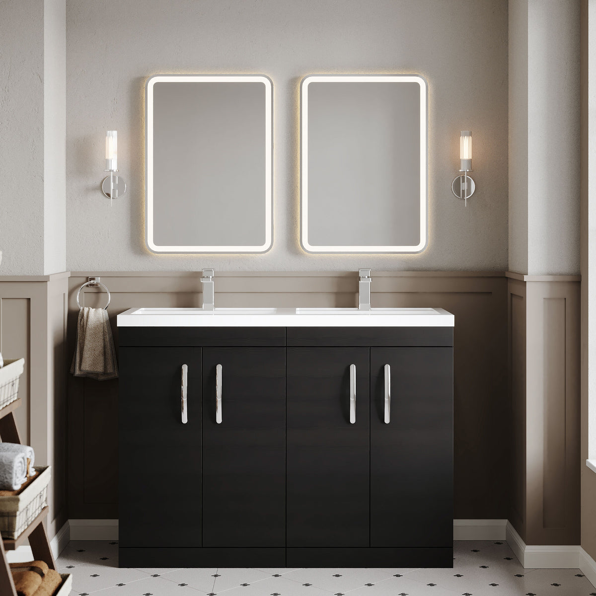 Modern Splash 1200mm Charcoal Black 4 Door Floor Standing Cabinet With 2 Tap Hole Polymarble basin