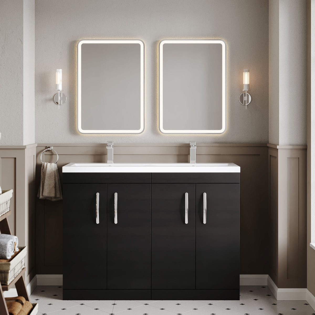 Modern Splash 1200mm Charcoal Black 4 Door Floor Standing Cabinet With 2 Tap Hole Ceramic Basin
