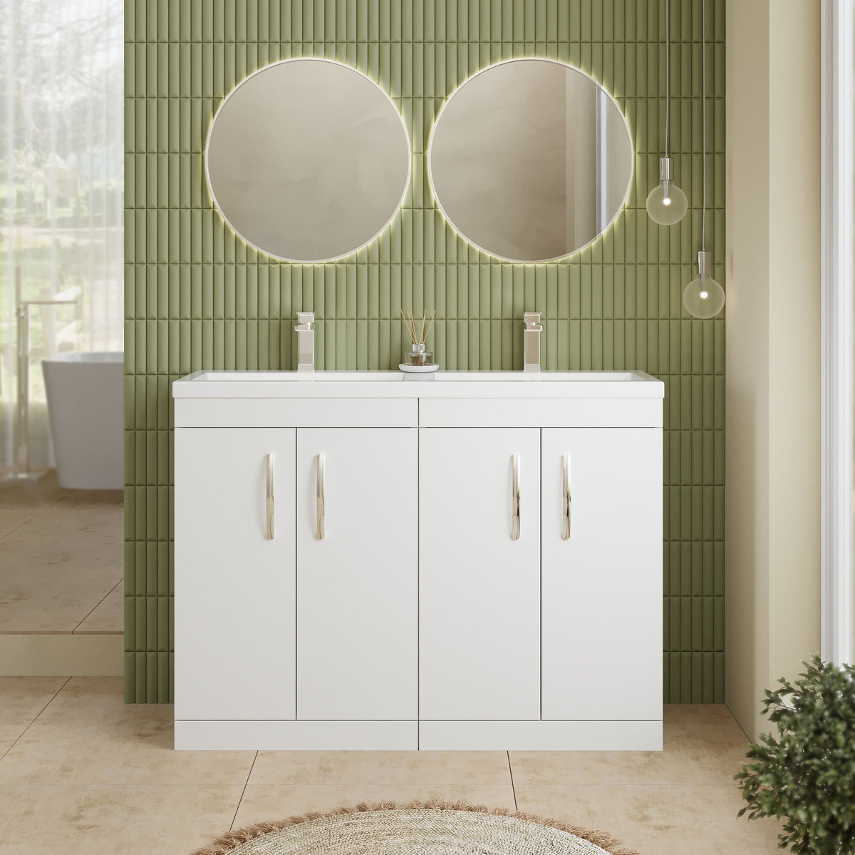 Modern Splash 1200mm Gloss White 4 Door Floor Standing Cabinet With 2 Tap Hole Ceramic Basin