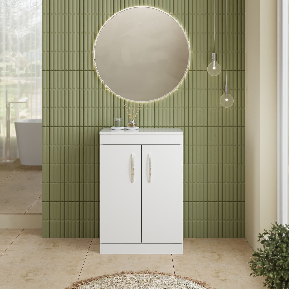 Modern Splash 600mm Gloss White 2 Door Floor Standing Vanity Unit With Co-ordinating Worktop