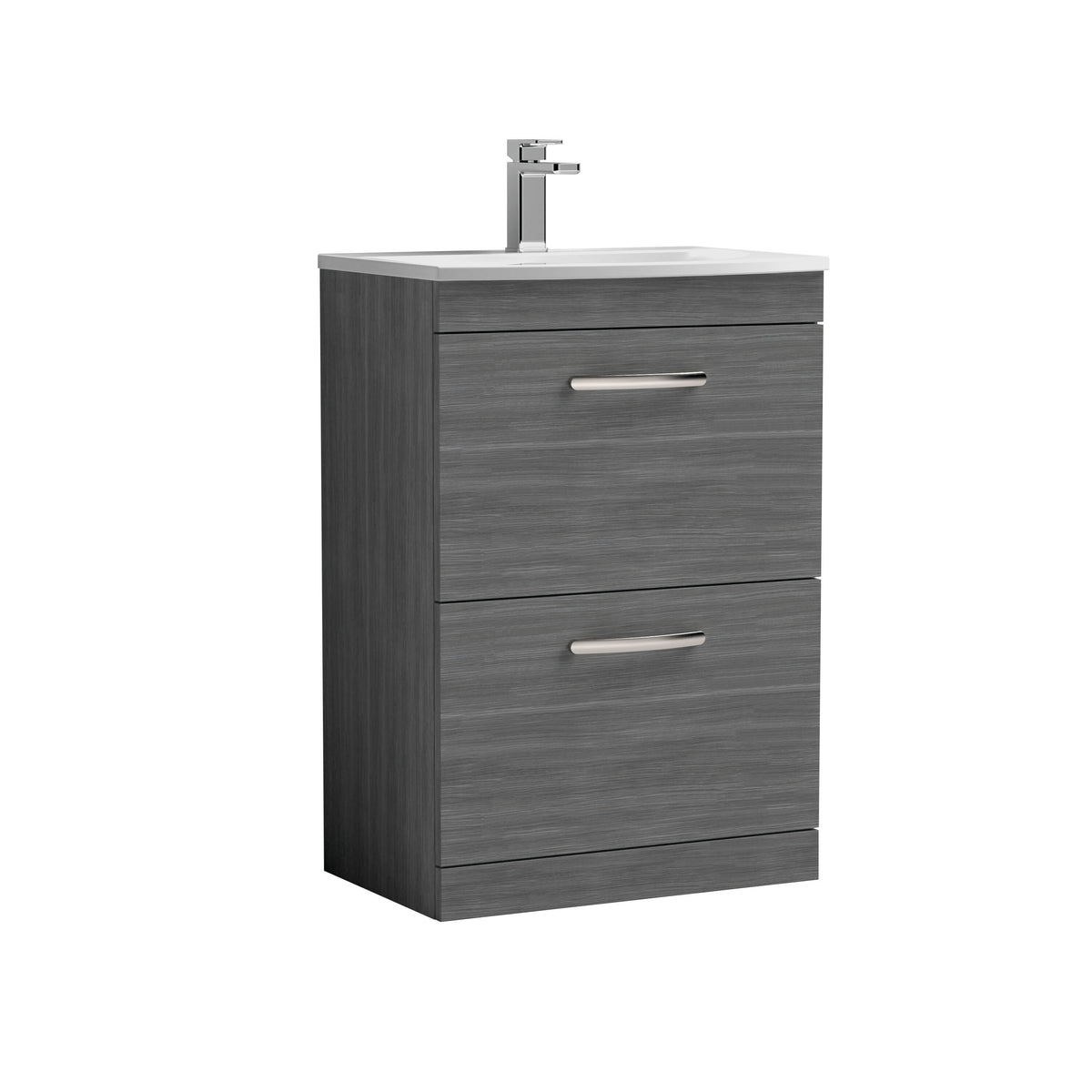 Modern Splash 600mm Anthracite Woodgrain 2 Drawer Floor Standing Vanity Unit With Curved Basin