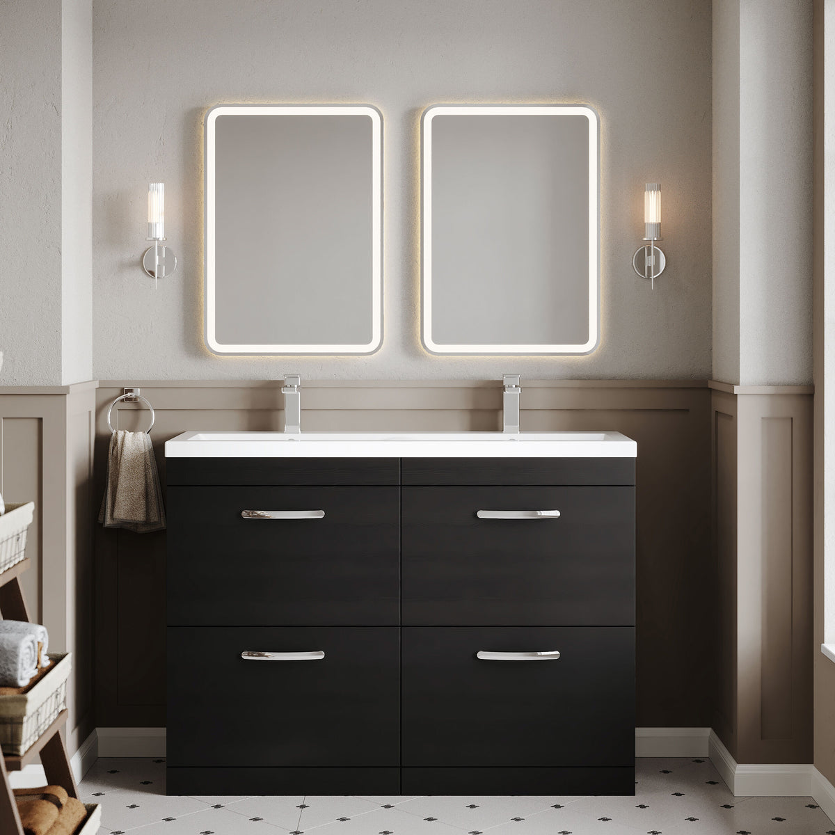 Modern Splash 1200mm Charcoal Black 4 Drawer Floor Standing Cabinet With 2 Tap Hole Ceramic Basin