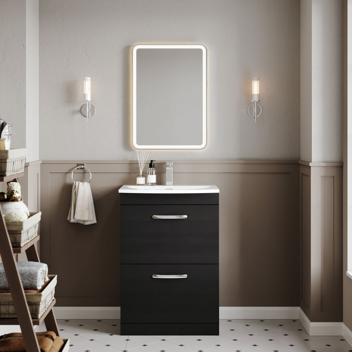 Modern Splash 600mm Charcoal Black 2 Drawer Floor Standing Vanity Unit With Curved Basin