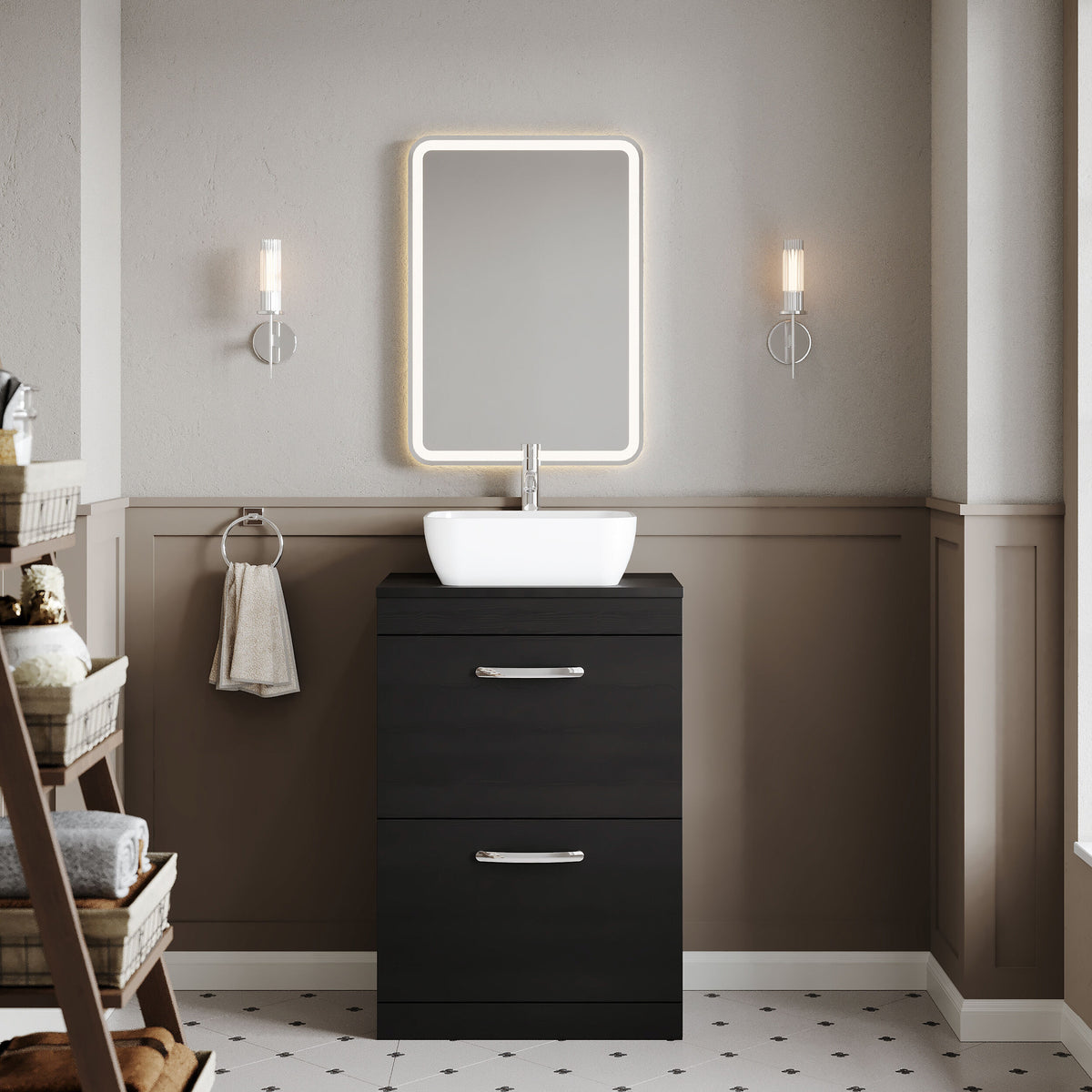 Modern Splash 600mm Charcoal Black 2 Drawer Floor Standing Vanity Unit With Co-ordinating Worktop