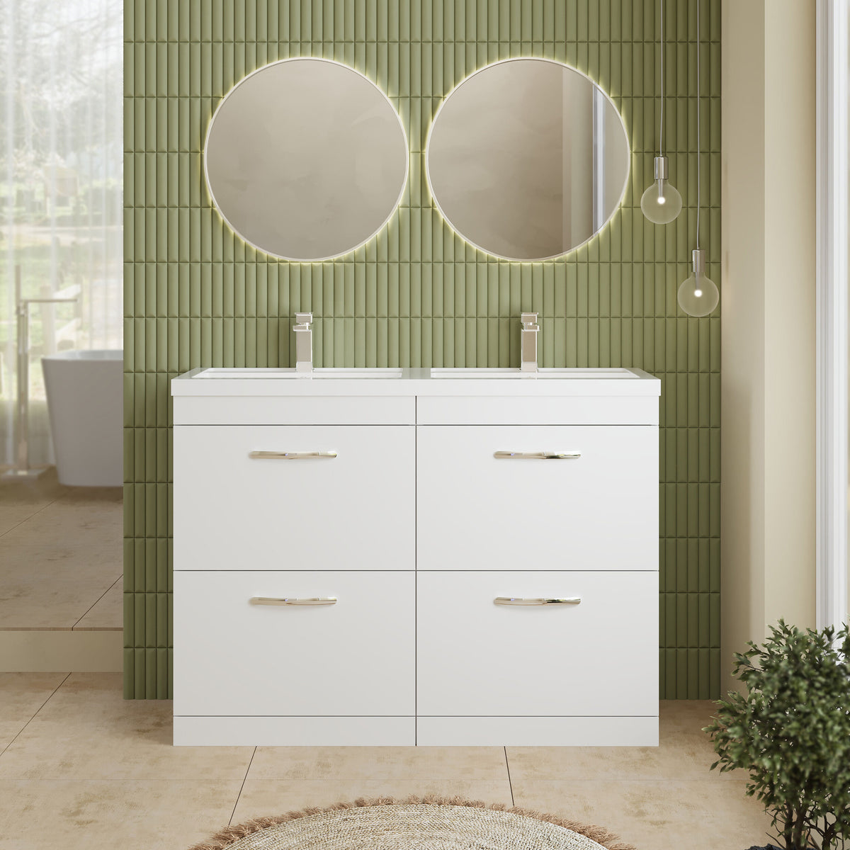 Modern Splash 1200mm Gloss White 4 Drawer Floor Standing Cabinet With 2 Tap Hole Polymarble basin