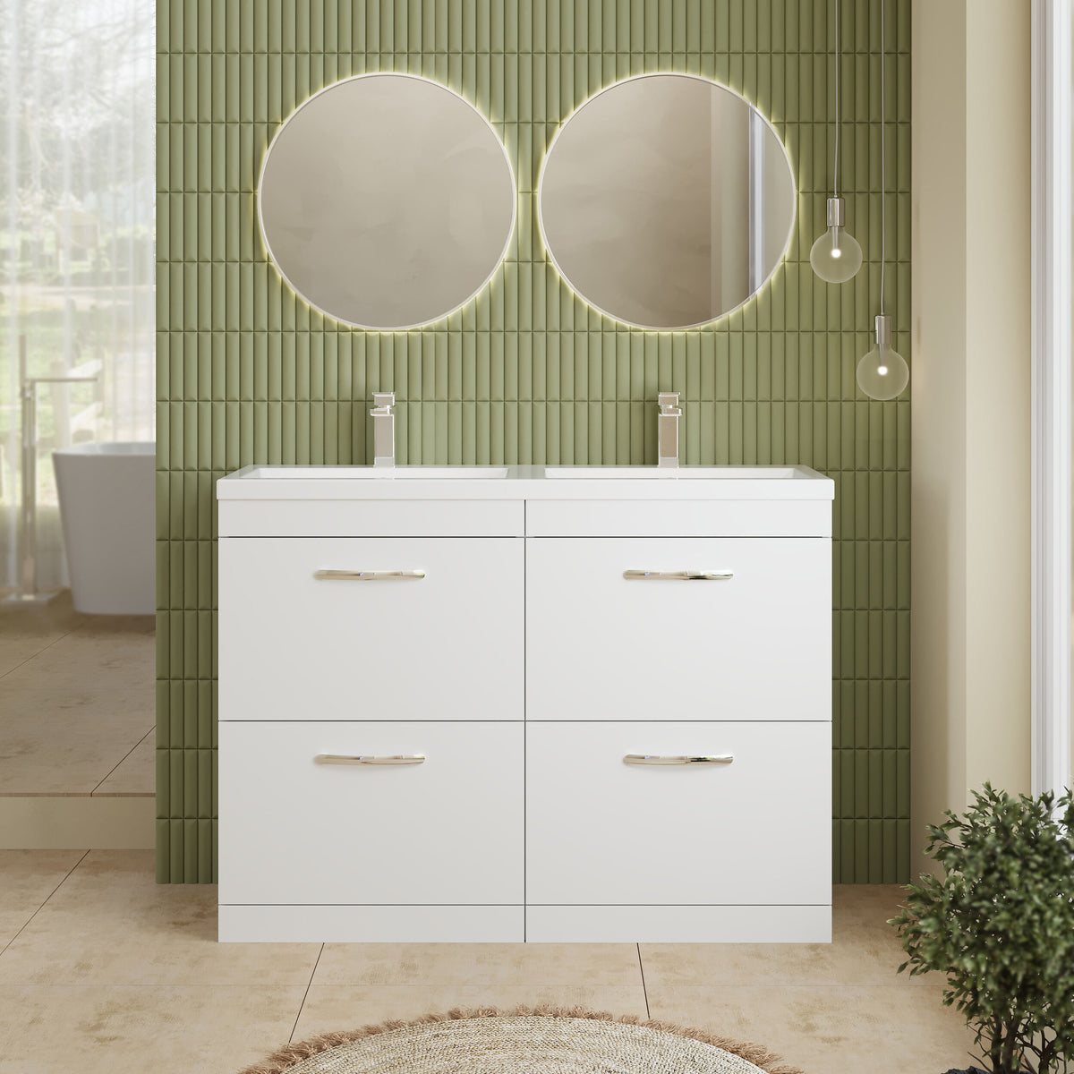 Modern Splash 1200mm Gloss White 4 Drawer Floor Standing Cabinet With 2 Tap Hole Ceramic Basin