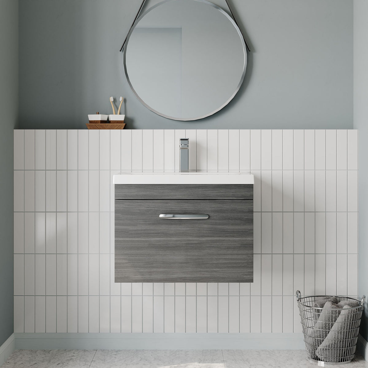 Modern Splash 600mm Anthracite Woodgrain 1 Drawer Wall Hung Vanity Unit With Mid-Edge Basin