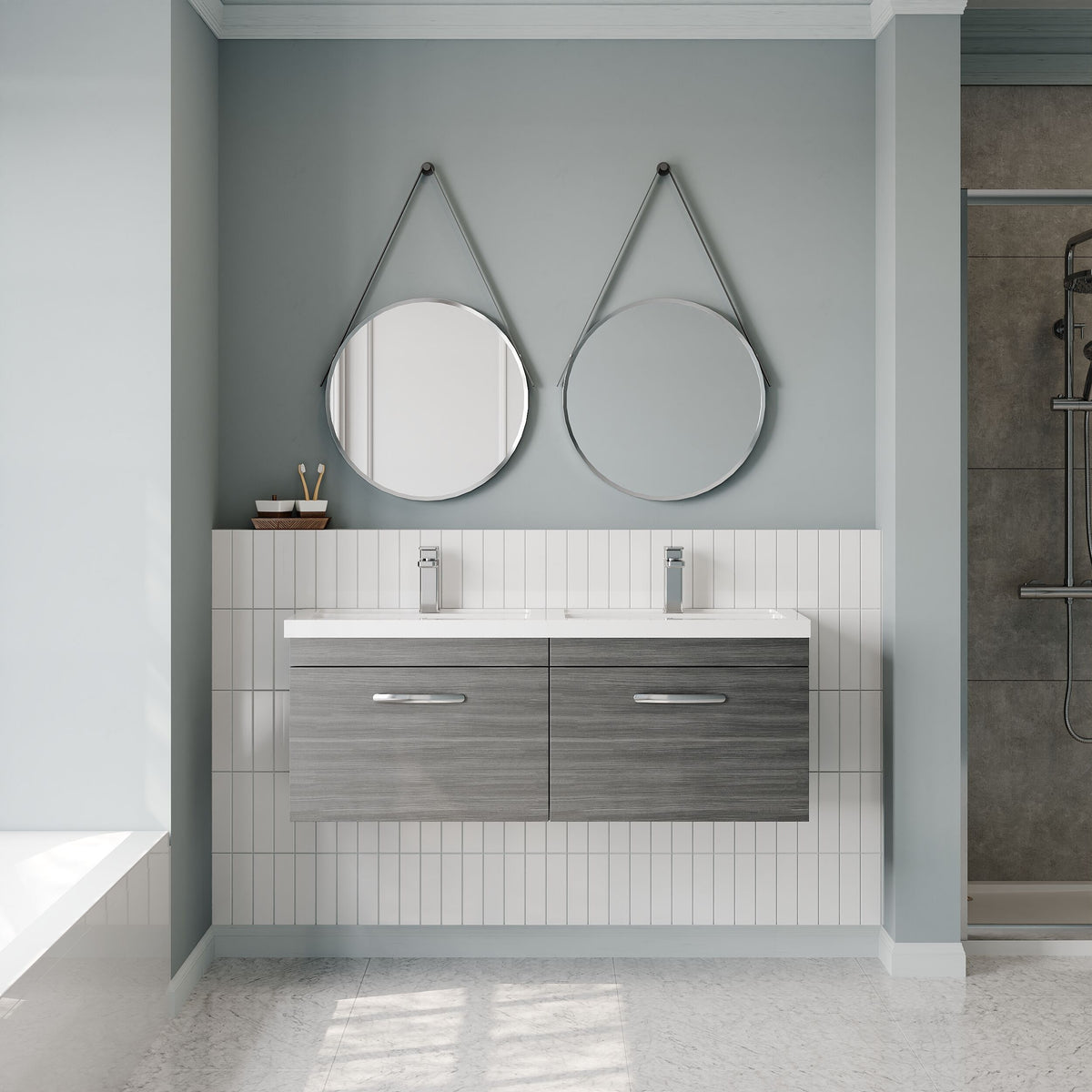 Modern Splash 1200mm Anthracite Woodgrain 2 Drawer Wall Hung Cabinet With 2 Tap Hole Polymarble basin