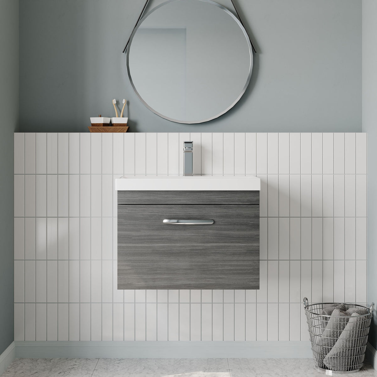 Modern Splash 600mm Anthracite Woodgrain 1 Drawer Wall Hung Vanity Unit With Thin Edge Basin
