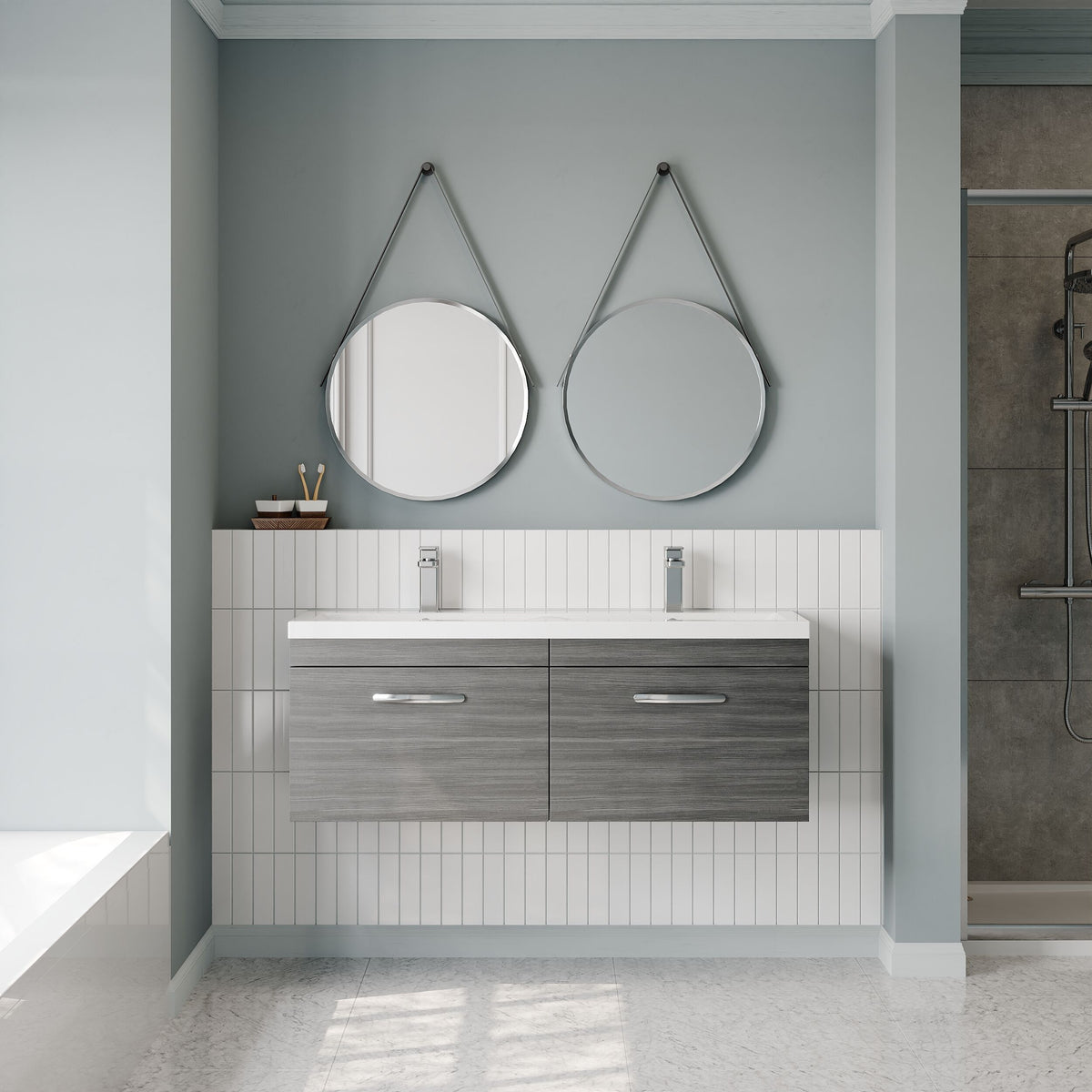 Modern Splash 1200mm Anthracite Woodgrain 2 Drawer Wall Hung Cabinet With 2 Tap Hole Ceramic Basin
