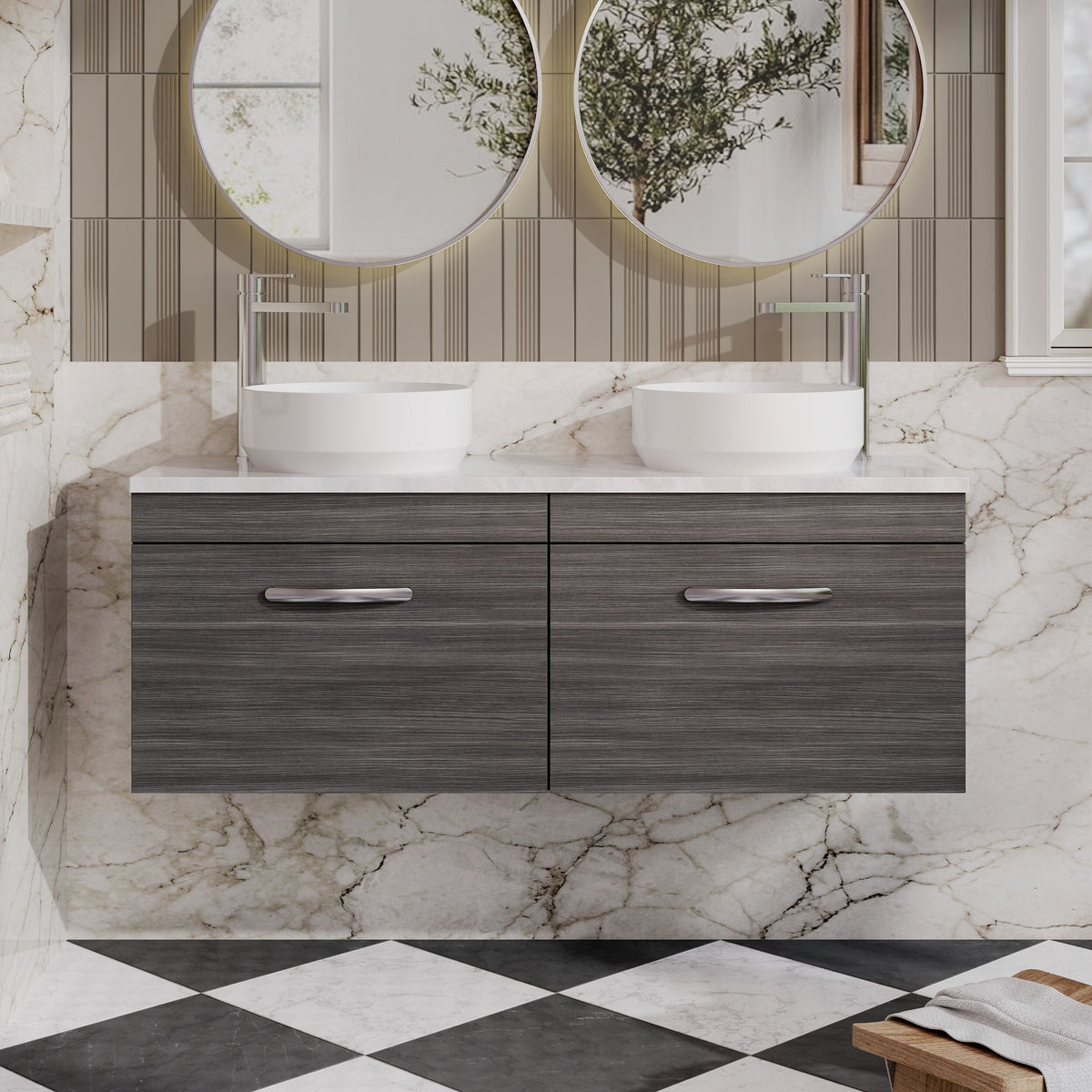 Modern Splash 1200mm 2 Drawer Wall Hung Vanity Unit With Bellato Grey Worktop