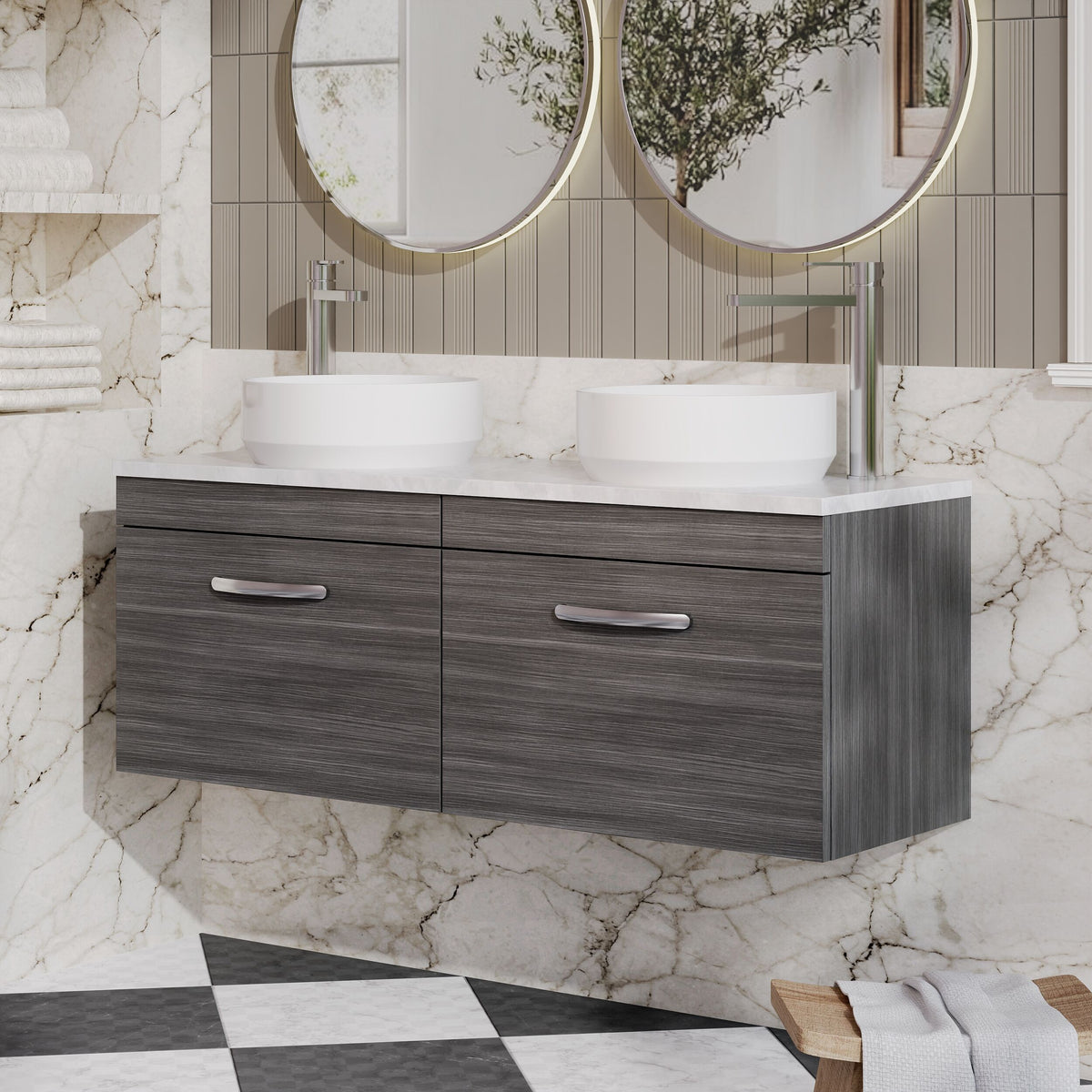 Modern Splash 1200mm 2 Drawer Wall Hung Vanity Unit With Bellato Grey Worktop