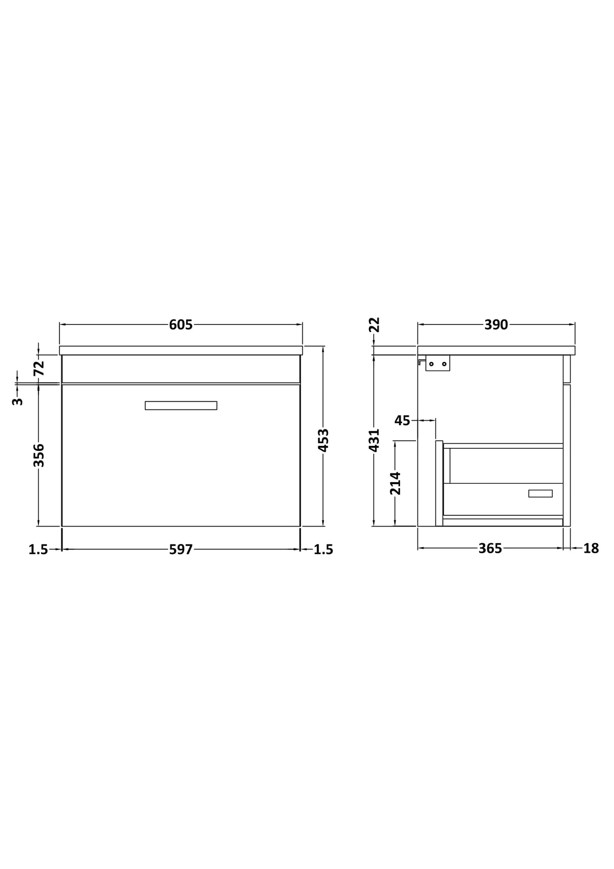 Modern Splash 600mm 1 Drawer Wall Hung Vanity Unit With Bellato Grey Worktop