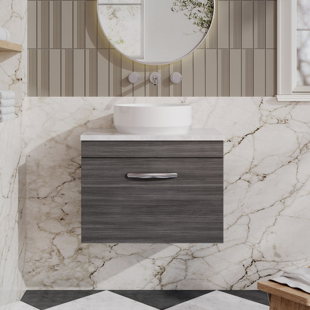 Modern Splash 600mm 1 Drawer Wall Hung Vanity Unit With Bellato Grey Worktop
