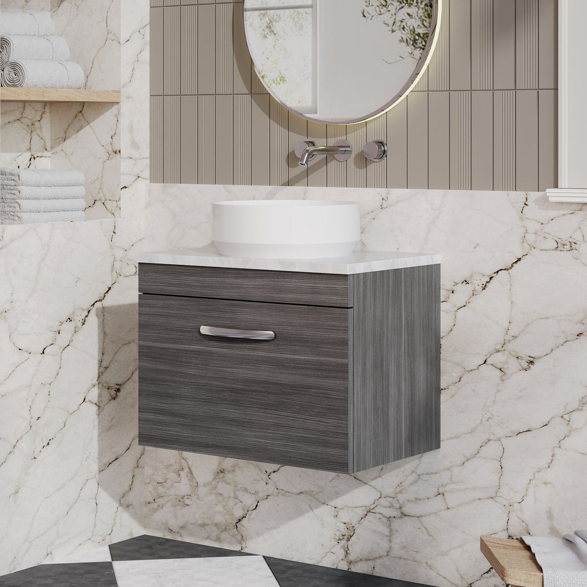 Modern Splash 600mm 1 Drawer Wall Hung Vanity Unit With Bellato Grey Worktop