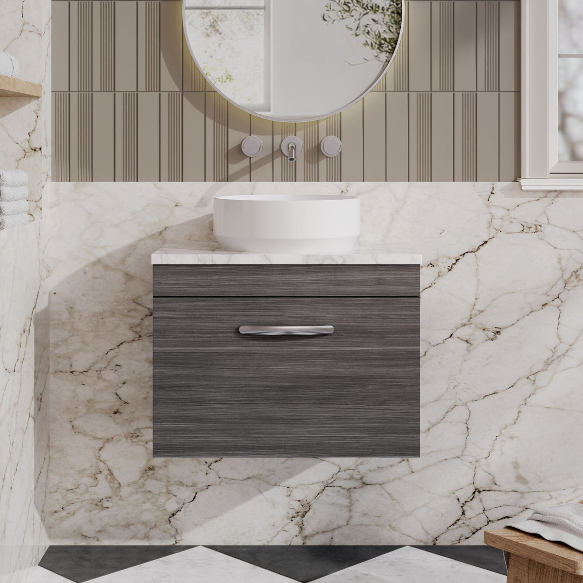 Modern Splash 600mm 1 Drawer Wall Hung Vanity Unit With Laminate Anthracite Woodgrain Worktop