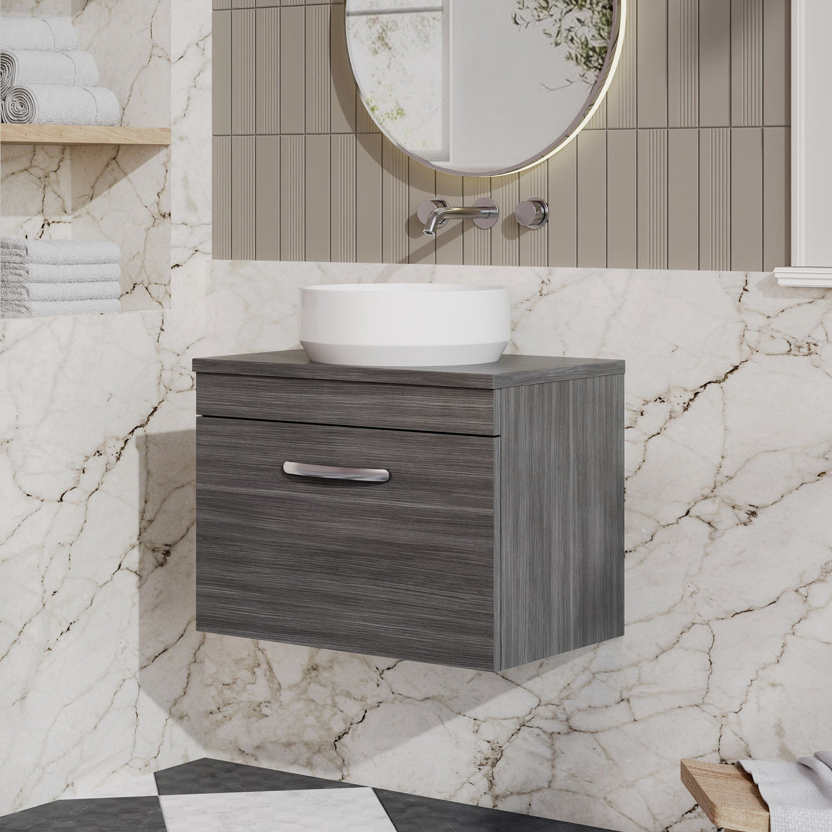 Modern Splash 600mm Anthracite Woodgrain Wall Hung Single Drawer Vanity Unit With Co-ordinating Worktop
