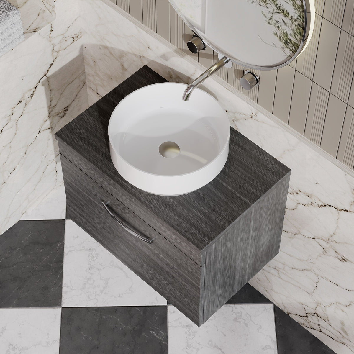 Modern Splash 600mm Anthracite Woodgrain Wall Hung Single Drawer Vanity Unit With Co-ordinating Worktop