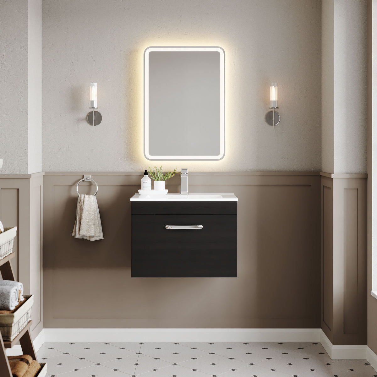 Modern Splash 600mm Charcoal Black 1 Drawer Wall Hung Vanity Unit With Minimalist Basin