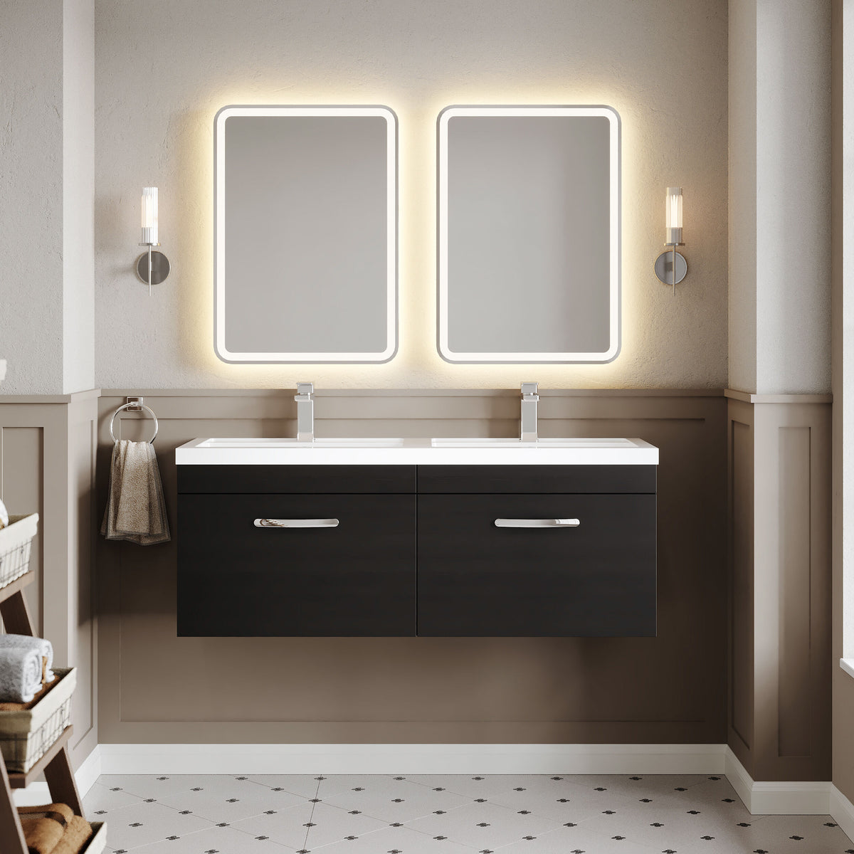 Modern Splash 1200mm Charcoal Black 2 Drawer Wall Hung Cabinet With 2 Tap Hole Polymarble basin