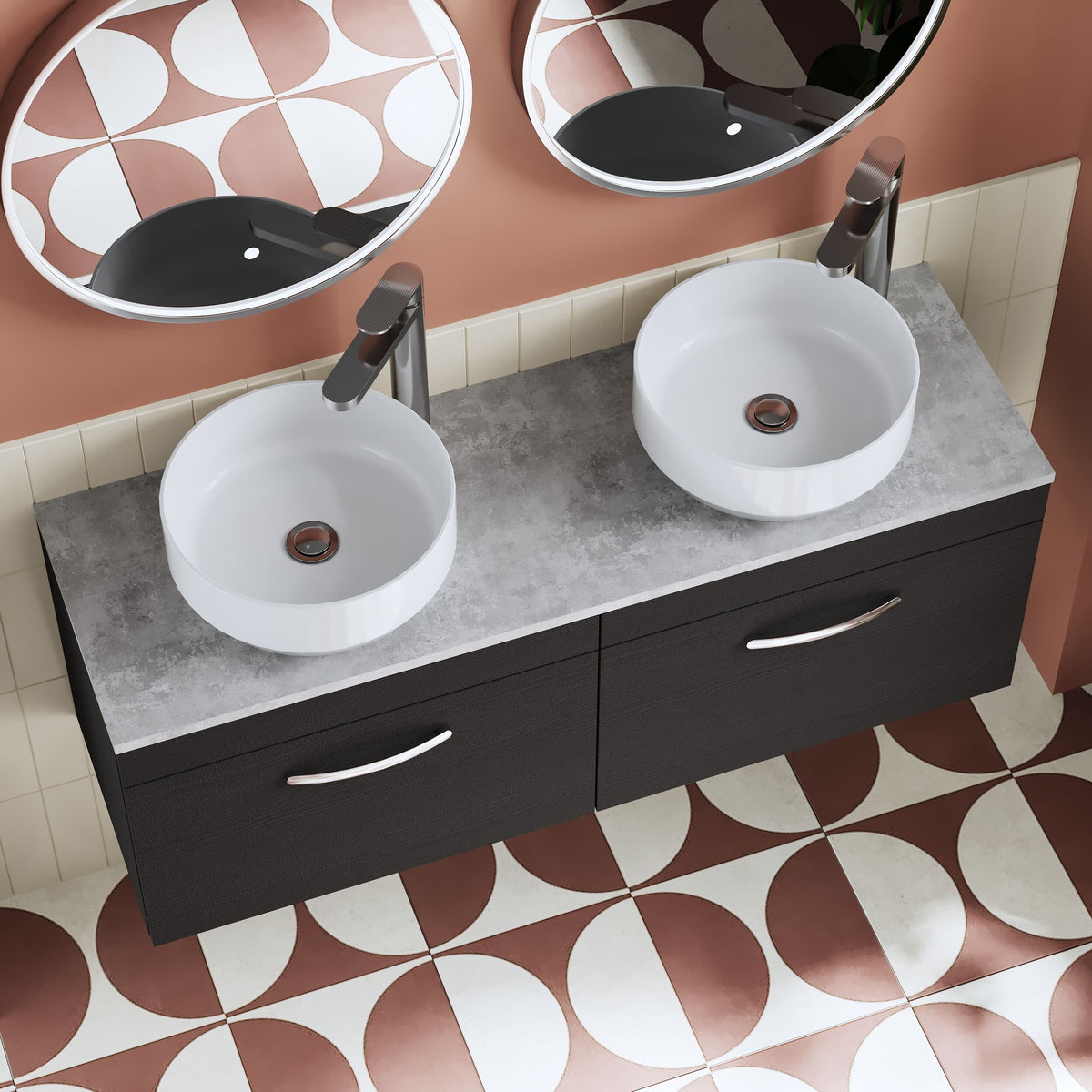Modern Splash 1200mm Charcoal Black 2 Drawer Wall Hung Vanity Unit With Bellato Grey Worktop