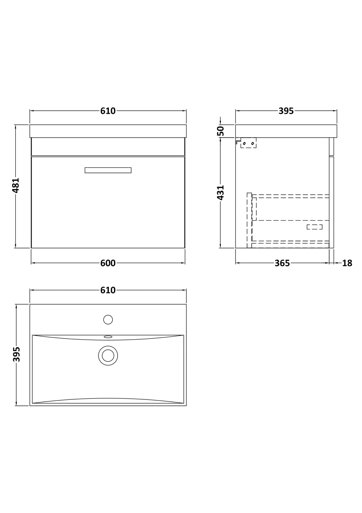 Modern Splash 600mm Gloss White 1 Drawer Wall Hung Vanity Unit With Thin Edge Basin