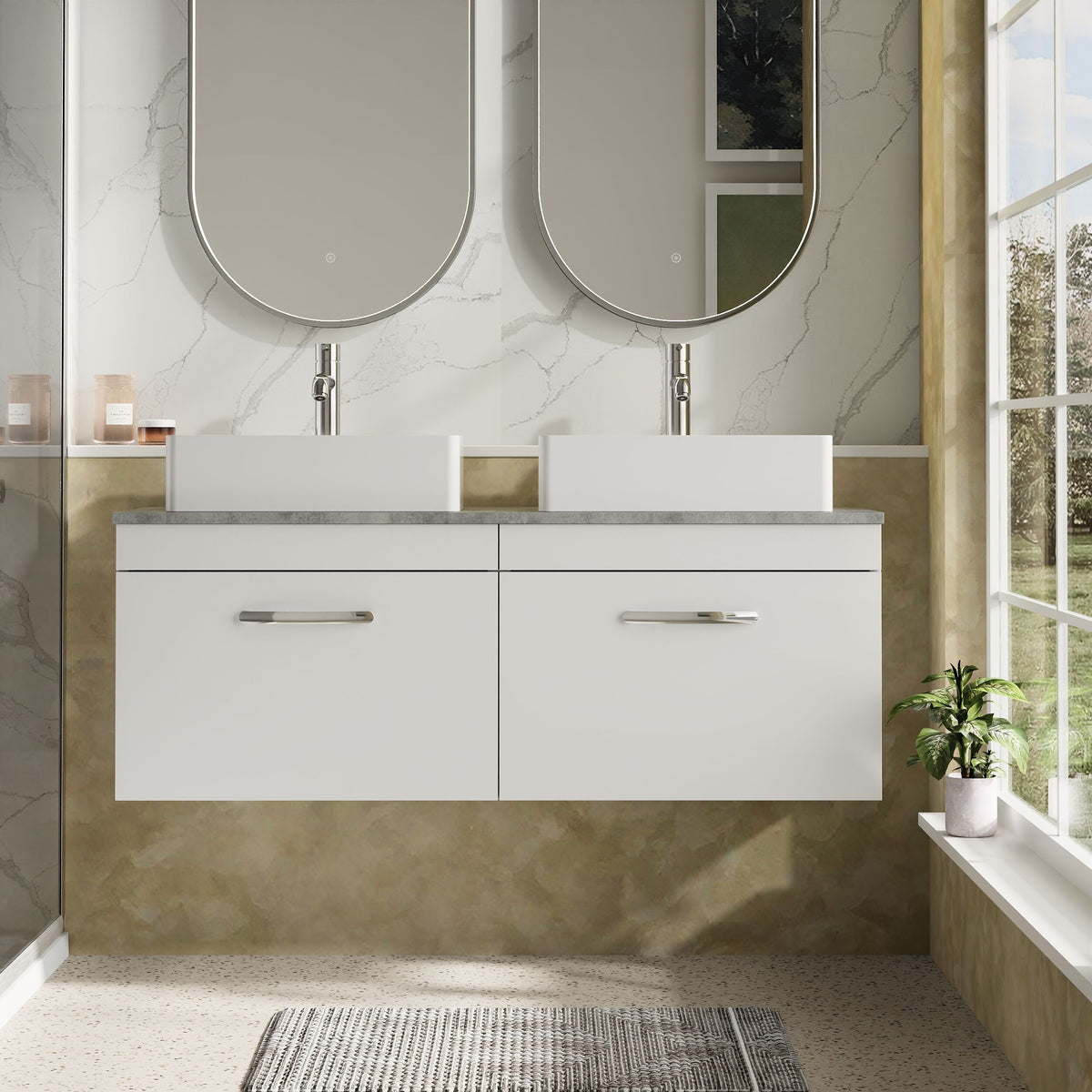 Modern Splash 1200mm Gloss White 2 Drawer Wall Hung Vanity Unit With Bellato Grey Worktop