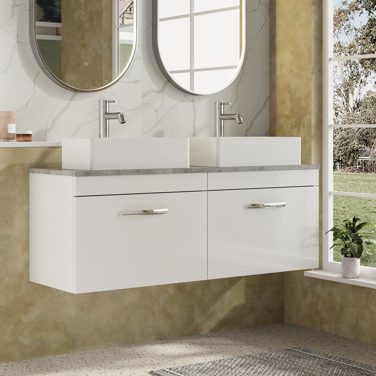 Modern Splash 1200mm Gloss White 2 Drawer Wall Hung Vanity Unit With Bellato Grey Worktop