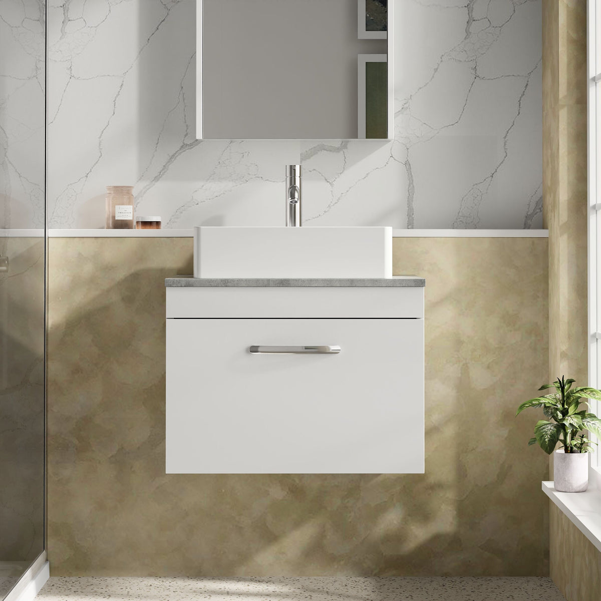 Modern Splash 600mm Gloss White 1 Drawer Wall Hung Vanity Unit With Bellato Grey Worktop