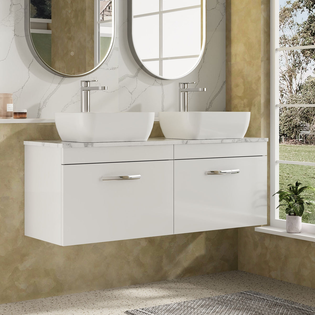 Modern Splash 1200mm Gloss White 2 Drawer Wall Hung Gloss White Vanity With Carrara Laminate Worktop