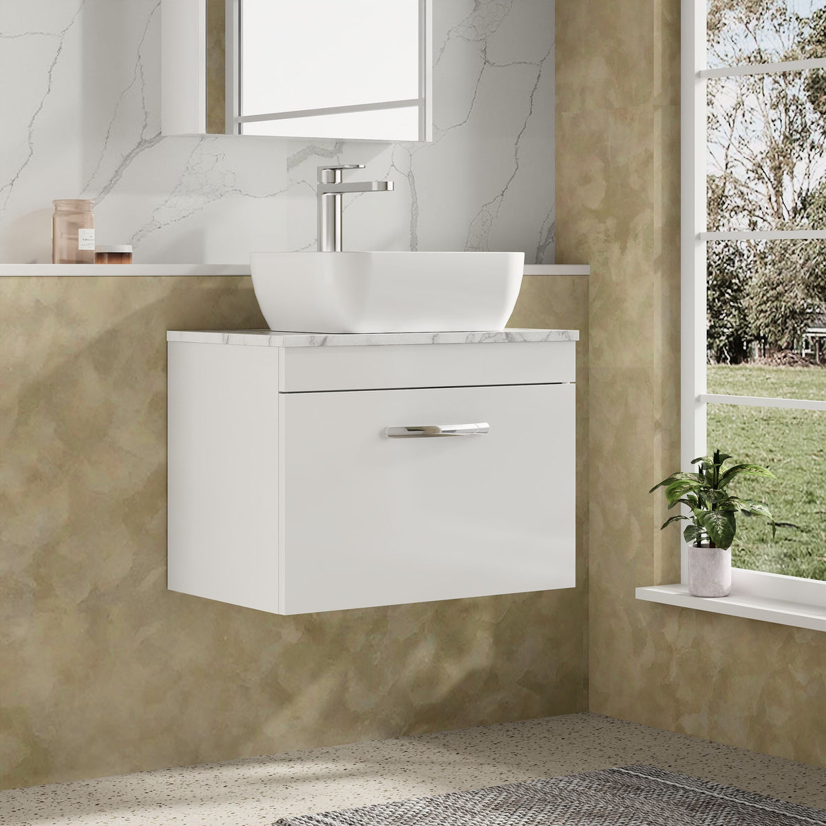 Modern Splash 600mm Gloss White 1 Drawer Wall Hung Vanity Unit With Carrara Laminate Worktop
