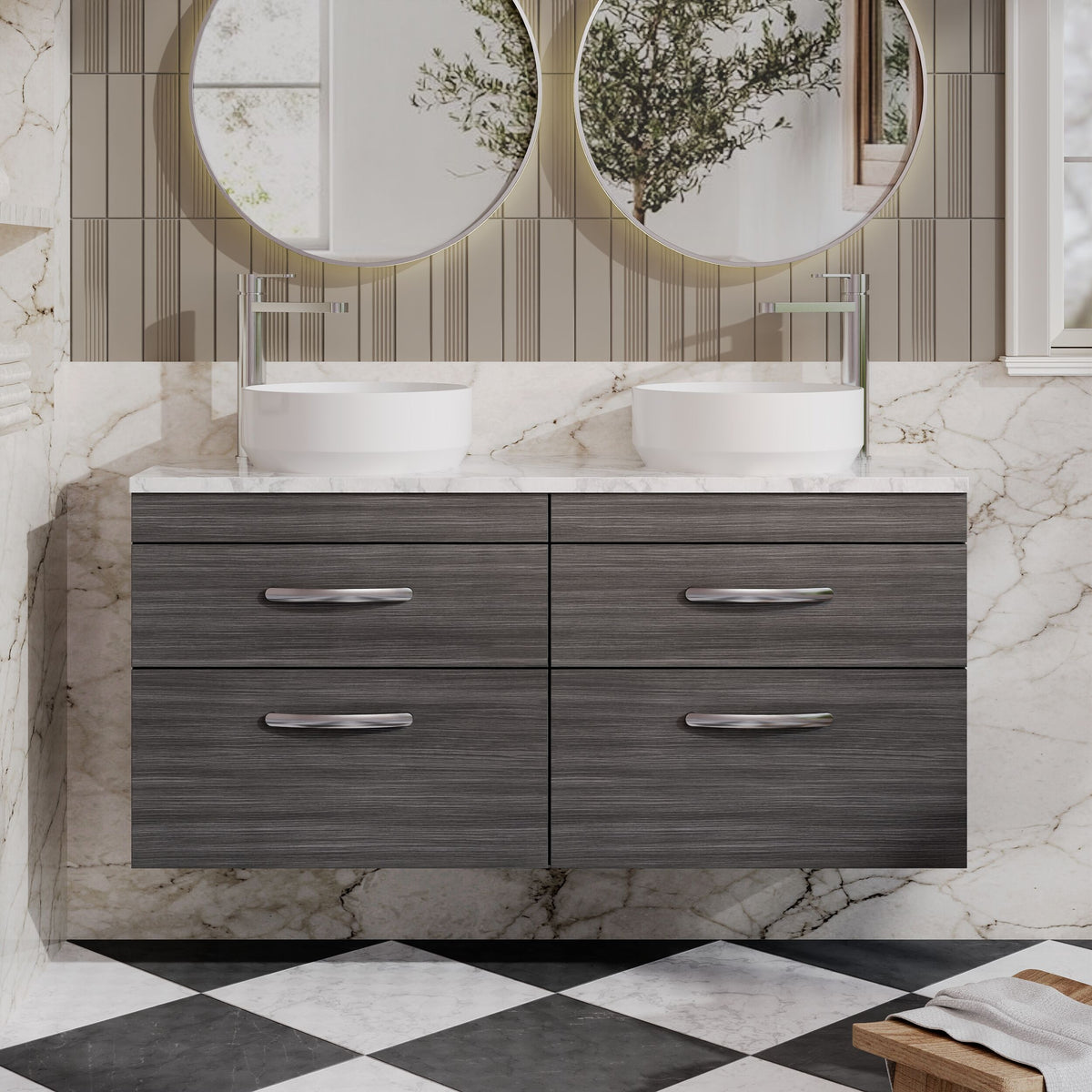 Modern Splash 1200mm Anthracite Woodgrain 4 Drawer Wall Hung Vanity With Carrara Laminate Worktop