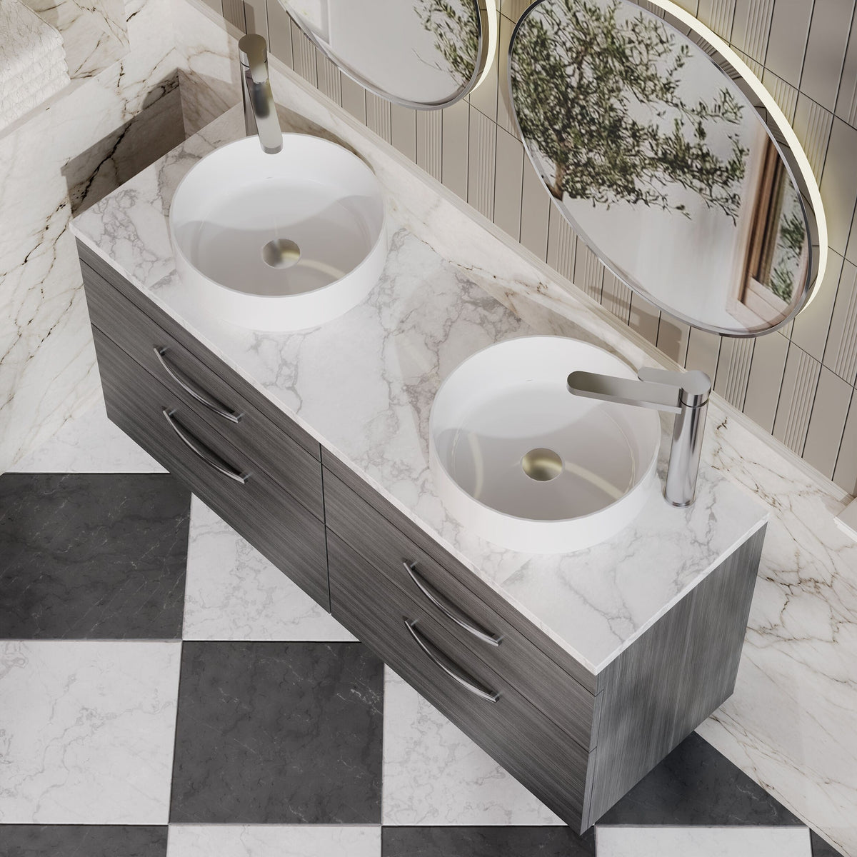 Modern Splash 1200mm Anthracite Woodgrain 4 Drawer Wall Hung Vanity With Carrara Laminate Worktop