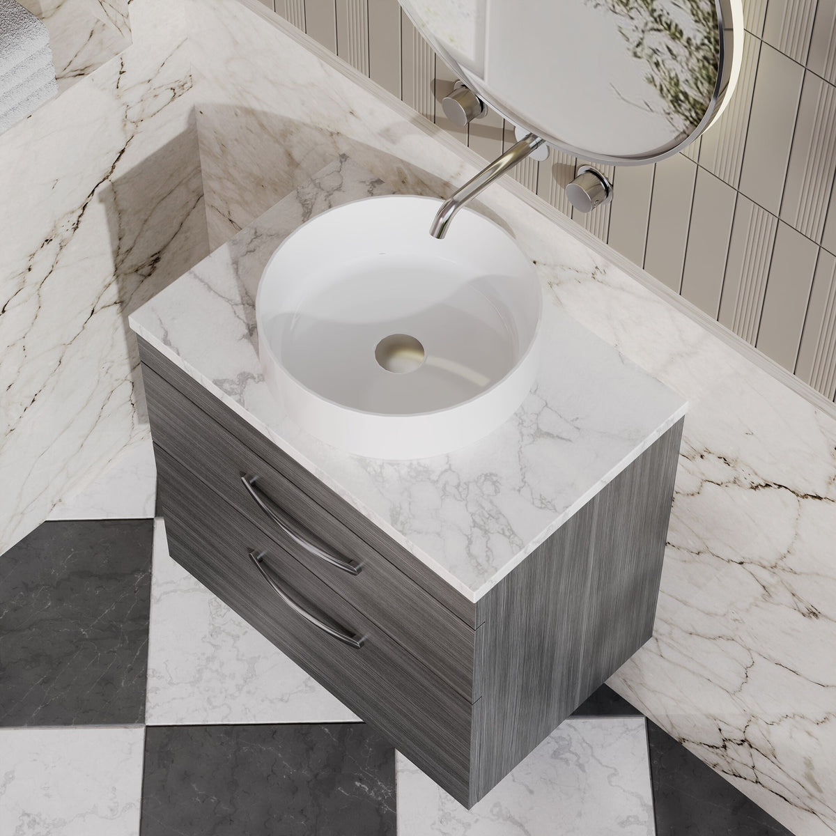 Modern Splash 600mm 2 Drawer Wall Hung Vanity Unit With Laminate Anthracite Woodgrain Worktop
