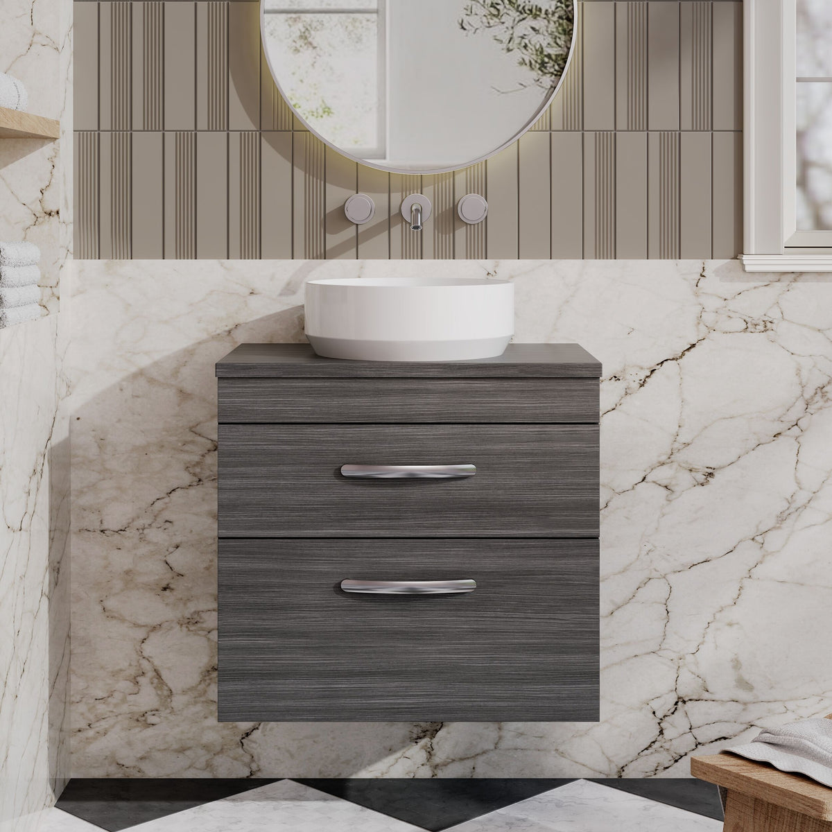 Modern Splash 600mm 2 Drawer Wall Hung Anthracite Woodgrain Vanity Unit With Co-ordinating Worktop