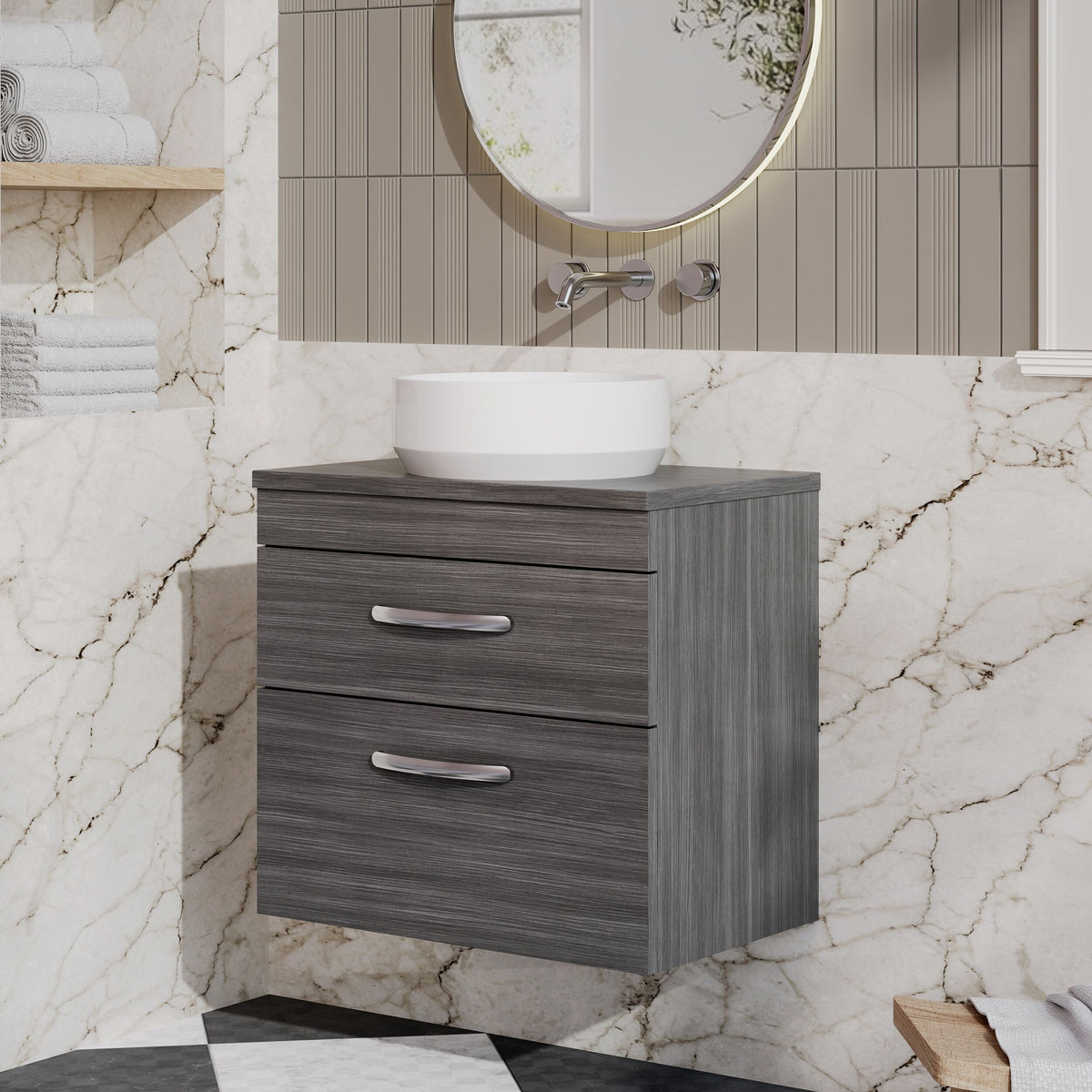 Modern Splash 600mm 2 Drawer Wall Hung Anthracite Woodgrain Vanity Unit With Co-ordinating Worktop