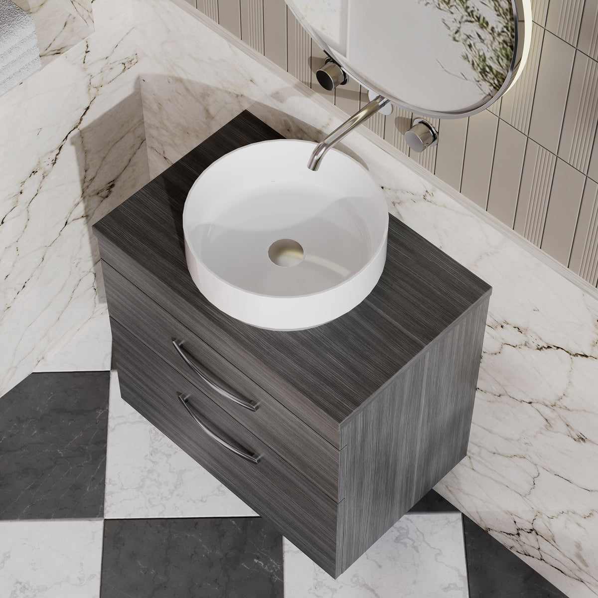 Modern Splash 600mm 2 Drawer Wall Hung Anthracite Woodgrain Vanity Unit With Co-ordinating Worktop