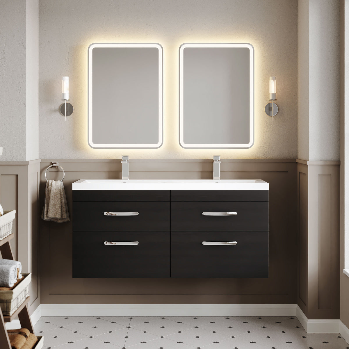 Modern Splash 1200mm Charcoal Black 4 Drawer Wall Hung Cabinet With 2 Tap Hole Ceramic Basin