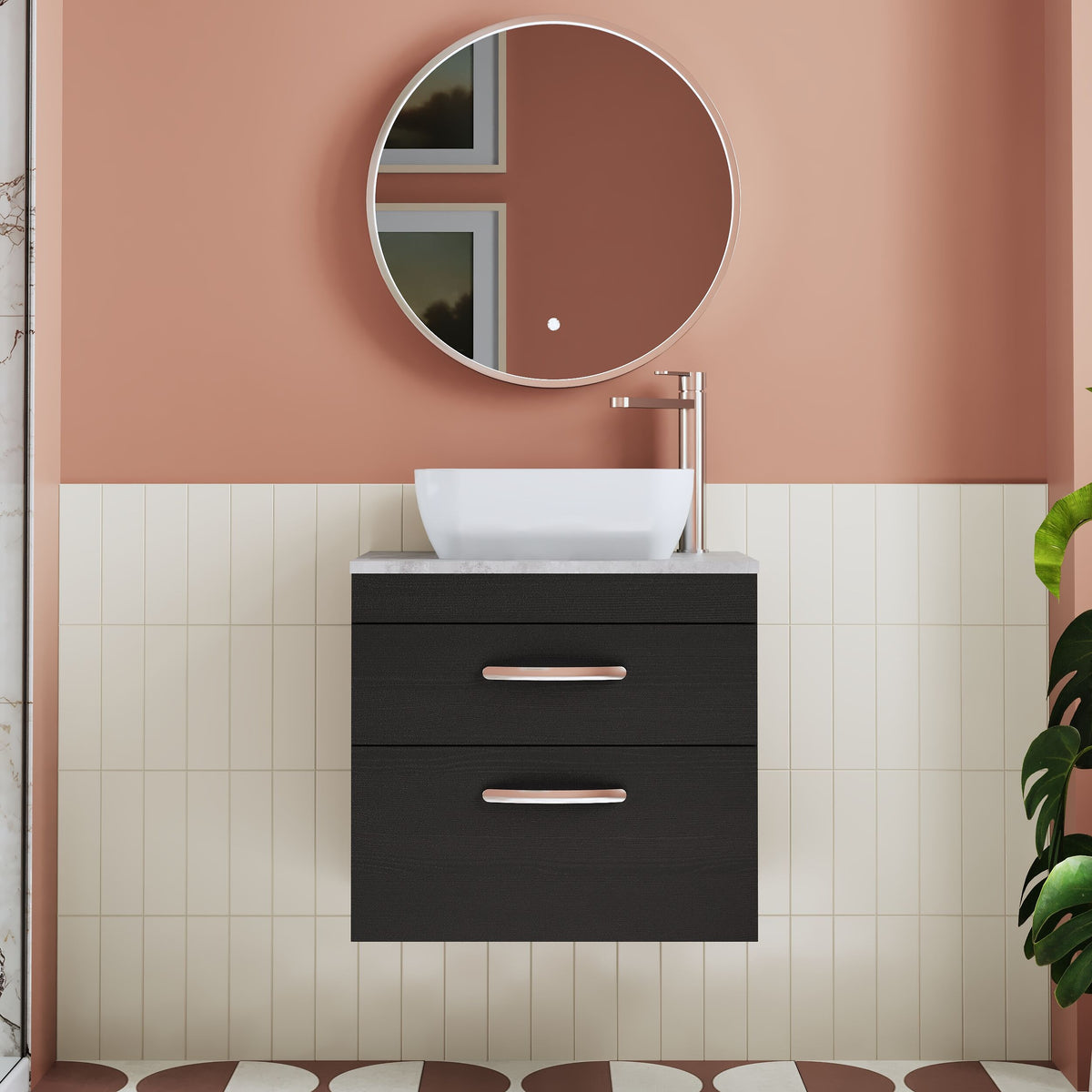 Modern Splash 600mm Charcoal Black 2 Drawer Wall Hung Vanity Unit With Bellato Grey Worktop