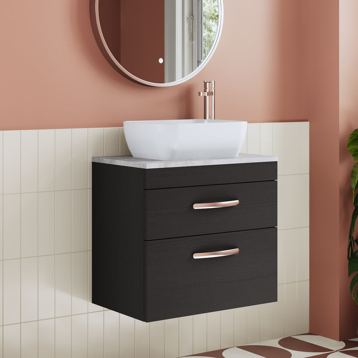 Modern Splash 600mm Charcoal Black 2 Drawer Wall Hung Vanity Unit With Bellato Grey Worktop