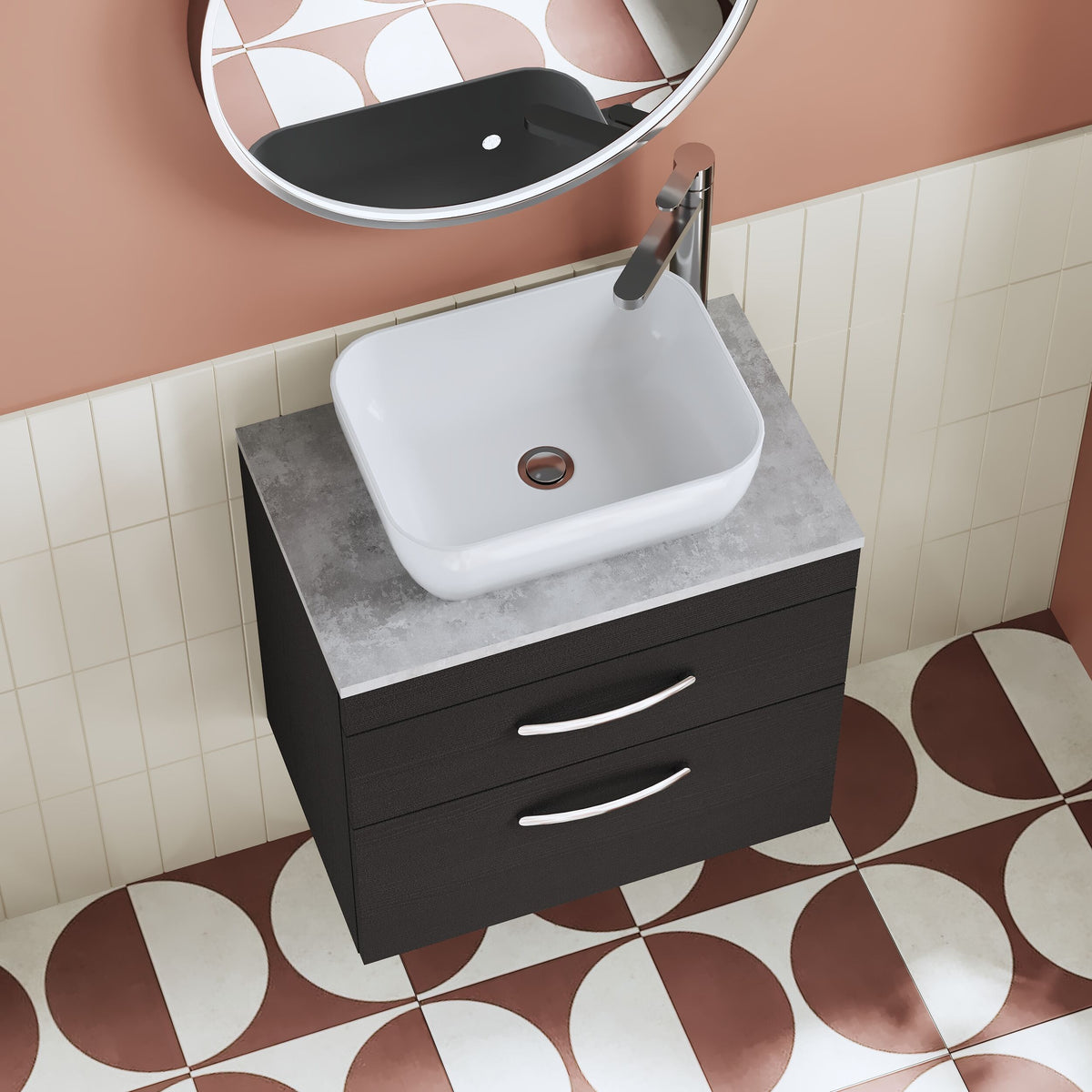 Modern Splash 600mm Charcoal Black 2 Drawer Wall Hung Vanity Unit With Bellato Grey Worktop