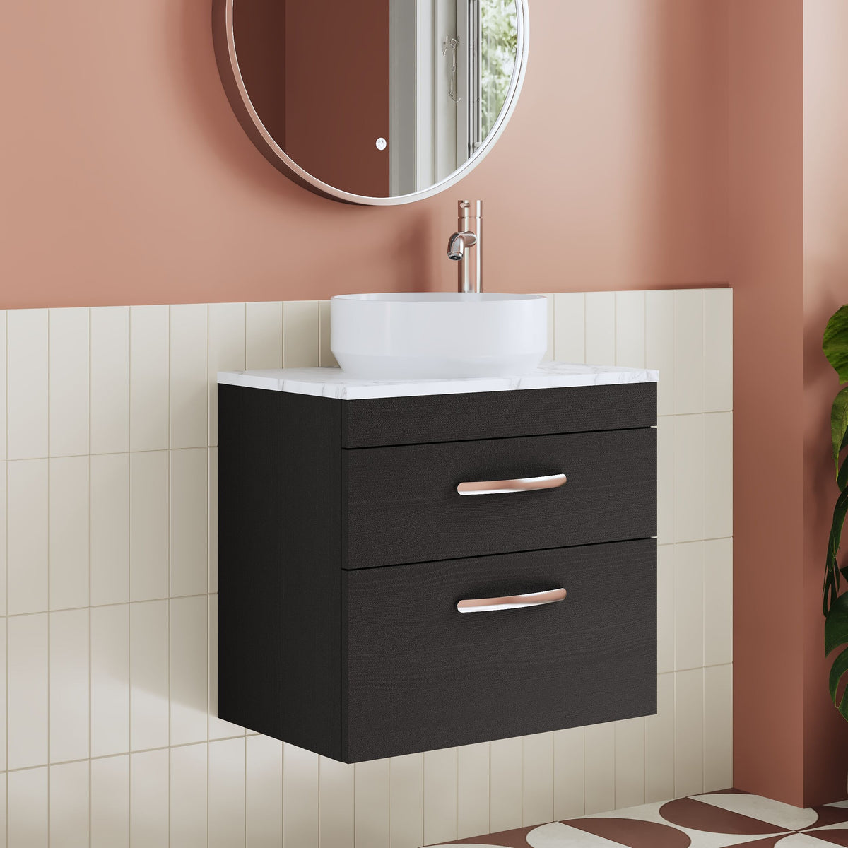 Modern Splash 600mm Charcoal Black 2 Drawer Wall Hung Vanity Unit With Carrara Laminate Worktop