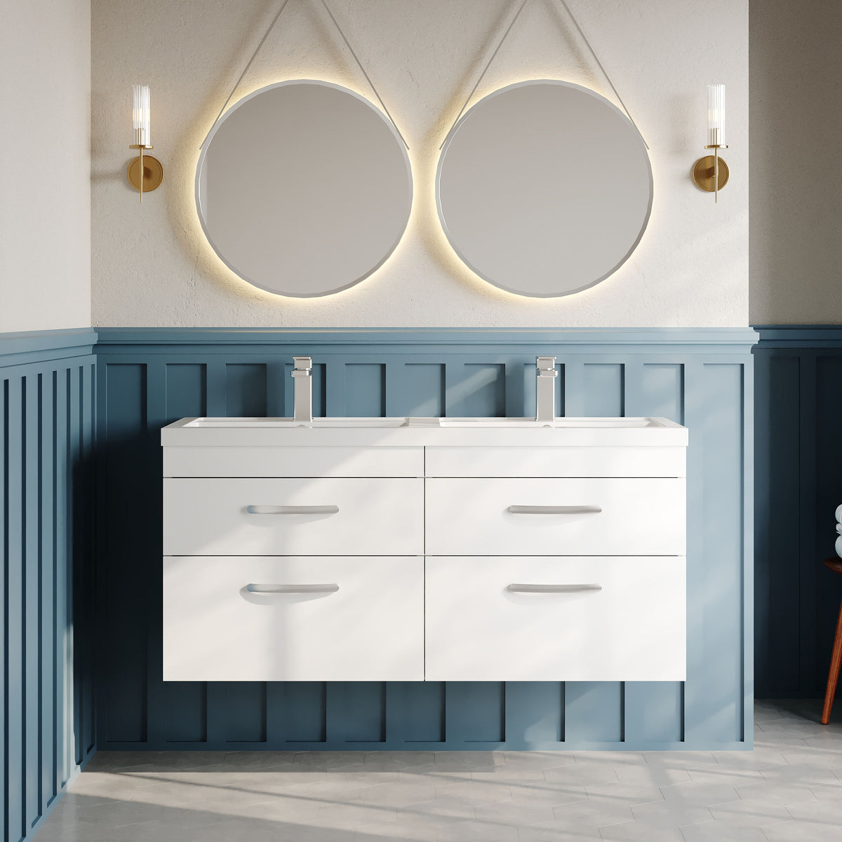 Modern Splash 1200mm Gloss White 4 Drawer Wall Hung Cabinet With 2 Tap Hole Polymarble basin