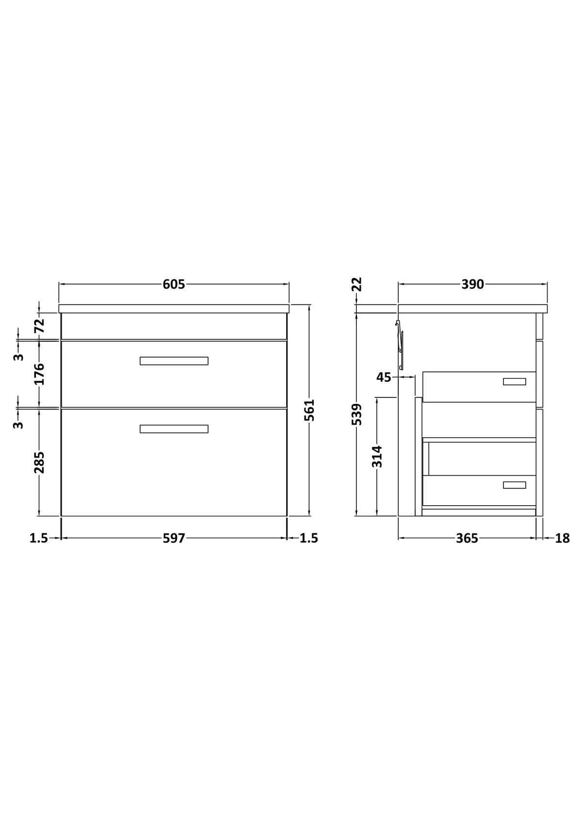 Modern Splash 600mm Gloss White 2 Drawer Wall Hung Vanity Unit With Bellato Grey Worktop